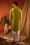 Shop_Kaaj Button_Green Chanderi Silk Woven Stripe Placket Kurta Set _at_Aza_Fashions