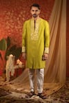 Kaaj Button_Green Chanderi Silk Woven Stripe Placket Kurta Set _Online_at_Aza_Fashions