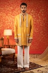 Buy_Kaaj Button_Yellow Russian Silk Embroidery Mirror Work Bundi And Kurta Set _at_Aza_Fashions