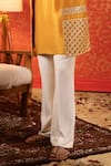 Shop_Kaaj Button_Yellow Russian Silk Embroidery Mirror Work Bundi And Kurta Set _Online_at_Aza_Fashions