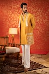 Kaaj Button_Yellow Russian Silk Embroidery Mirror Work Bundi And Kurta Set _at_Aza_Fashions