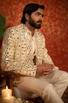 Buy_Kaaj Button_Beige Raw Silk Embroidery Mirror Work Bandhgala Set _Online_at_Aza_Fashions