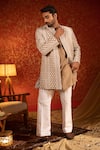 Buy_Kaaj Button_Beige Chanderi Silk Embroidery Thread Sherwani Set _at_Aza_Fashions