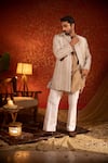 Kaaj Button_Beige Chanderi Silk Embroidery Thread Sherwani Set _at_Aza_Fashions