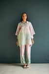 Buy_Oja_Purple Handloom Silk Chanderi Embroidered Garden Asymmetric Tunic With Pant _at_Aza_Fashions