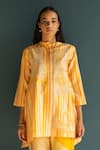 Oja_Yellow Handloom Silk Chanderi Gradient High-low Shirt Tunic With Pant _Online_at_Aza_Fashions