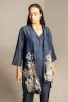 Shop_Oja_Blue Tensil Denim Embroidered Knot Jacket Lapel Floral Asymmetric Pant Set _at_Aza_Fashions