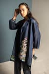 Oja_Blue Tensil Denim Embroidered Knot Jacket Lapel Floral Asymmetric Pant Set _Online_at_Aza_Fashions