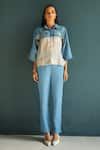 Buy_Oja_Blue Tensil Denim And Handloom Linen Embroidery Floral Knot Shirt With Pant _at_Aza_Fashions