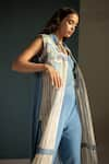 Oja_Blue Tensil Denim And Handloom Linen Embroidery Floral Jacket Pant Set _Online_at_Aza_Fashions