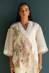 Oja_Ivory Handloom Linen Hand Embroidery Floral V Neck Bloom Long Top With Pant _Online_at_Aza_Fashions