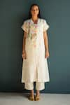 Buy_Oja_Ivory Handloom Linen Hand Embroidery Floral Collared Neck Bloom Tunic With Pant _at_Aza_Fashions