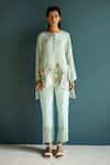 Buy_Oja_Blue Handloom Linen Hand Embroidery Floral Flower Bloom Long Top With Pant _at_Aza_Fashions