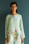 Oja_Blue Handloom Linen Hand Embroidery Floral Flower Bloom Long Top With Pant _Online_at_Aza_Fashions