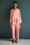 Buy_Oja_Pink Handloom Linen Hand Embroidery Floral Round Neck High Low Top With Pant _at_Aza_Fashions