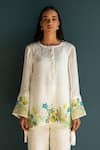 Oja_Ivory Linen Fletcher Hand Embroidery Floral Round Placement Long Top With Pant _Online_at_Aza_Fashions