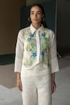 Oja_Ivory Linen Fletcher Hand Embroidery Floral Collared Neck Jacket And Pant Set _Online_at_Aza_Fashions