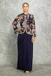 Buy_Tanu Malhotra_Blue Jacket Georgette Embroidered Floral Band Print With Draped Skirt _at_Aza_Fashions