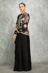 Tanu Malhotra_Black Jacket Geogette Embroidered Floral Band Print And Draped Skirt Set _Online_at_Aza_Fashions