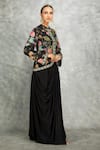 Buy_Tanu Malhotra_Black Jacket Geogette Embroidered Floral Band Print And Draped Skirt Set _at_Aza_Fashions