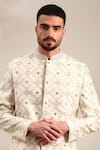 Mayank Modi - Men_Ivory Chanderi Embroidered Geometric Sherwani And Churidar Set _Online_at_Aza_Fashions