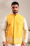 Buy_Mayank Modi - Men_Yellow Silk Cotton Embroidered Thread Floral Bundi Kurta Set _Online_at_Aza_Fashions