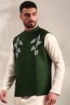 Mayank Modi - Men_Green Silk Cotton Embroidered Thread Bundi Kurta Set _at_Aza_Fashions