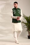 Shop_Mayank Modi - Men_Green Silk Cotton Embroidered Thread Bundi Kurta Set 