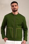 Mayank Modi - Men_Green Malai Cotton Solid Piping Detailed Bomber Jacket _Online_at_Aza_Fashions