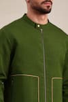 Buy_Mayank Modi - Men_Green Malai Cotton Solid Piping Detailed Bomber Jacket _Online_at_Aza_Fashions