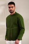 Shop_Mayank Modi - Men_Green Malai Cotton Solid Piping Detailed Bomber Jacket _Online_at_Aza_Fashions