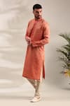 Shop_Mayank Modi - Men_Orange Linen Jacquard Floral Woven Straight Kurta With Churidar _Online_at_Aza_Fashions