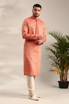 Mayank Modi - Men_Orange Linen Jacquard Floral Woven Straight Kurta With Churidar _at_Aza_Fashions