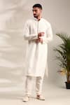 Buy_Mayank Modi - Men_Ivory Silk Jacquard Geometric Flower Pattern Kurta With Churidar _Online_at_Aza_Fashions