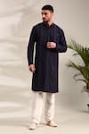 Buy_Mayank Modi - Men_Blue Silk Cotton Front Open Solid Straight Kurta With Pant _at_Aza_Fashions