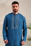 Mayank Modi - Men_Blue Linen Thread Detailed Straight Kurta With Churidar _Online_at_Aza_Fashions