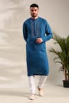 Buy_Mayank Modi - Men_Blue Linen Thread Detailed Straight Kurta With Churidar _Online_at_Aza_Fashions