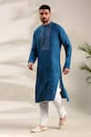 Mayank Modi - Men_Blue Linen Thread Detailed Straight Kurta With Churidar _at_Aza_Fashions