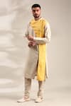 Shop_Mayank Modi - Men_Beige Silk Linen Front Slit Straight Kurta With Churidar _Online_at_Aza_Fashions