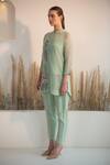 Shop Oja Green Linen, Canvas Embroidery Collared Palm Tree Applique Work Kurta With Pant Online at Aza Fashions Shop_Oja_Green Linen, Canvas Embroidery Collared Palm Tree Applique Work Kurta With Pant _Online_at_Aza_Fashions