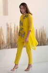 Oja_Yellow Linen, Canvas Embroidery Round Neck Flora Crochet Work Kurta With Pant _Online_at_Aza_Fashions