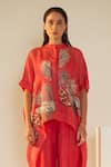 Oja_Red Kurta Linen Fletcher Embroidered Patch Leaf Crochet Work With Pant _Online_at_Aza_Fashions