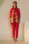 Buy_Oja_Red Kurta Linen Fletcher Embroidered Palm Tree Knit Work Shirt With Pant _at_Aza_Fashions