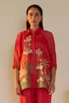 Oja_Red Kurta Linen Fletcher Embroidered Palm Tree Knit Work Shirt With Pant _Online_at_Aza_Fashions