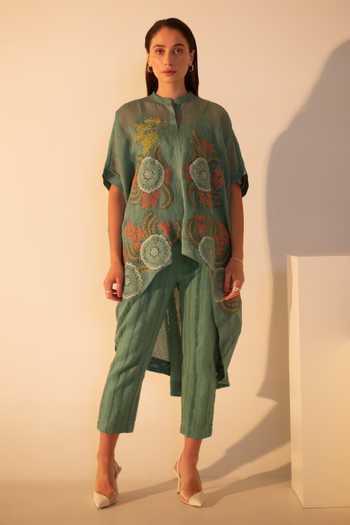 Buy_Oja_Green Linen, Jersey, Handloom Cotton Embroidery Floral Crochet Kurta With Pant _at_Aza_Fashions