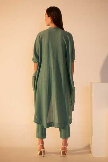 Shop_Oja_Green Linen, Jersey, Handloom Cotton Embroidery Floral Crochet Kurta With Pant _at_Aza_Fashions