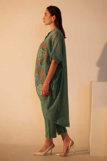 Shop_Oja_Green Linen, Jersey, Handloom Cotton Embroidery Floral Crochet Kurta With Pant _Online_at_Aza_Fashions