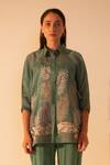 Oja_Green Shirt Linen Fletcher Embroidered Applique Collar Leaves Work With Pant _Online_at_Aza_Fashions