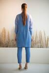 Shop_Oja_Blue Linen, Canvas Applique Collared Leaves Knit Work Kurta With Pant _at_Aza_Fashions