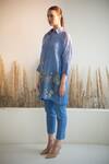 Oja_Blue Linen, Canvas Applique Collared Leaves Knit Work Kurta With Pant _Online_at_Aza_Fashions